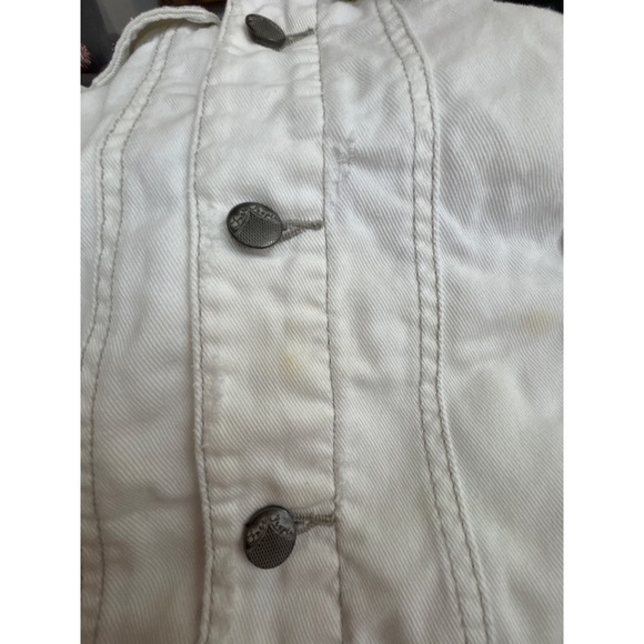 Free People‎ White Denim Jacket Gray Knit Sleeves Hoodie Layered Casual Wom SZ M - Picture 8 of 8